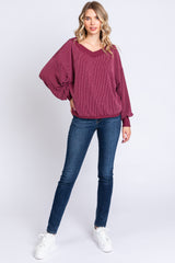 Burgundy Ribbed V-Neck Cropped Sweater