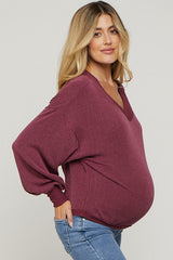 Burgundy Ribbed V-Neck Cropped Maternity Sweater