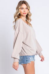 Beige Ribbed V-Neck Cropped Sweater