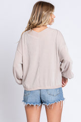 Beige Ribbed V-Neck Cropped Sweater