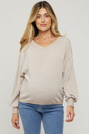 Beige Ribbed V-Neck Cropped Maternity Sweater