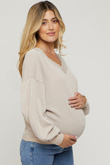 Beige Ribbed V-Neck Cropped Maternity Sweater