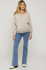 Beige Ribbed V-Neck Cropped Maternity Sweater