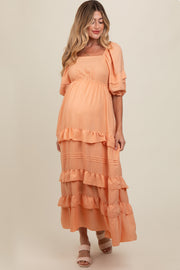 Peach Ruffle Tiered Maternity Maxi Dress