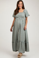 Blue Plaid Puff Sleeve Maternity Maxi Dress