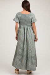 Blue Plaid Puff Sleeve Maternity Maxi Dress