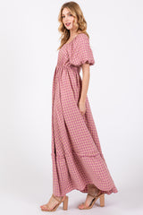 Pink Plaid Puff Sleeve Maxi Dress