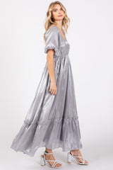 Silver Satin Square Neck Short Puff Sleeve Maxi Dress