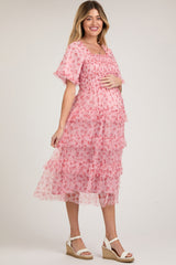 Pink Floral Tulle Smocked Ruffle Tiered Maternity Midi Dress