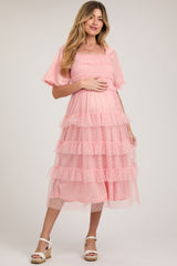 Light Pink Dot Smocked Ruffle Tiered Maternity Midi Dress