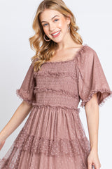 Pink Dot Smocked Ruffle Tiered Midi Dress