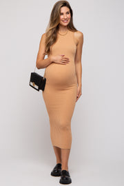 Camel Ribbed Maternity Fitted Midi Dress