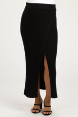 Black Ribbed Knit Wrap Maternity Maxi Skirt