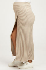 Beige Ribbed Knit Wrap Maternity Maxi Skirt