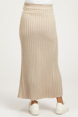 Beige Ribbed Knit Wrap Maternity Maxi Skirt