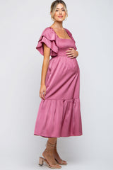 Mauve Satin Flutter Sleeve Maternity Midi Dress