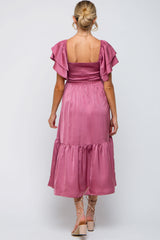 Mauve Satin Flutter Sleeve Maternity Midi Dress