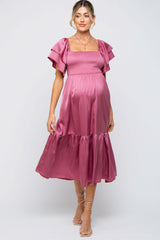 Mauve Satin Flutter Sleeve Maternity Midi Dress