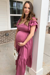 Mauve Satin Flutter Sleeve Maternity Midi Dress