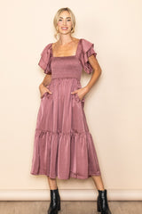 Mauve Satin Flutter Sleeve Maternity Midi Dress