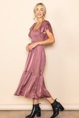 Mauve Satin Flutter Sleeve Midi Dress