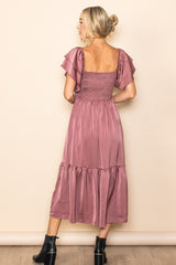 Mauve Satin Flutter Sleeve Midi Dress