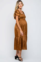 Camel Satin Flutter Sleeve Maternity Midi Dress