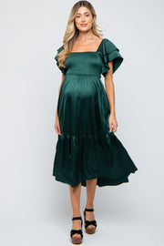 Forest Green Satin Flutter Sleeve Maternity Midi Dress