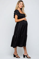 Black Satin Flutter Sleeve Maternity Midi Dress