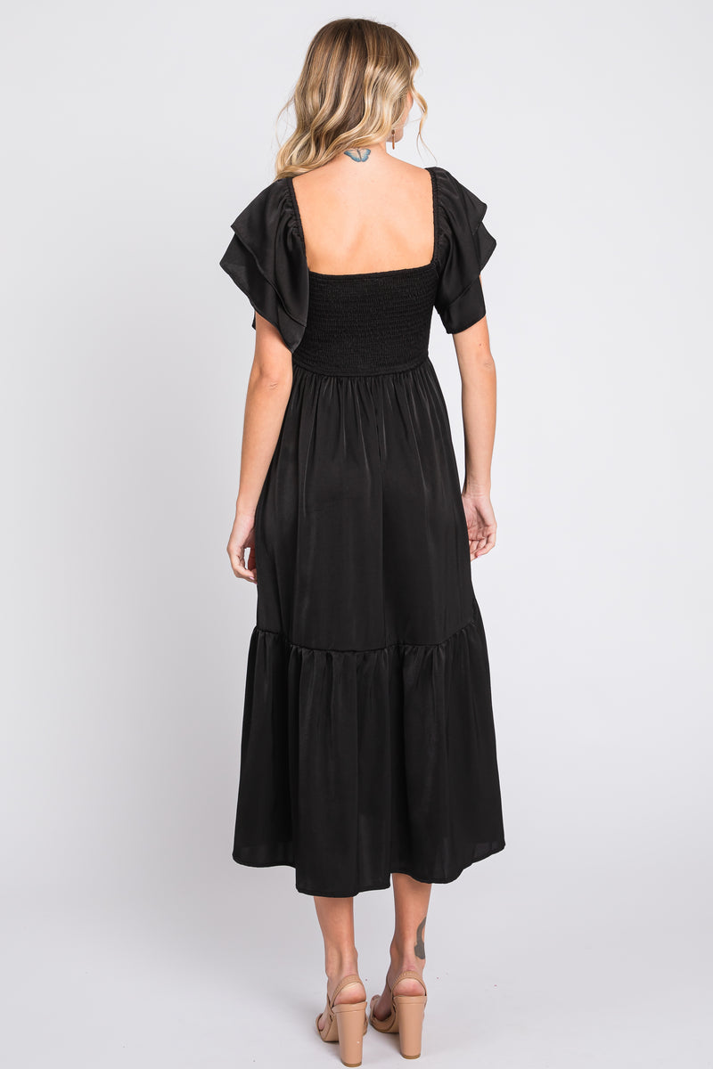 Black Satin Flutter Sleeve Midi Dress– PinkBlush