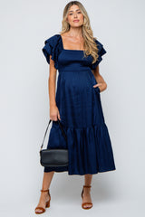 Navy Satin Flutter Sleeve Maternity Midi Dress