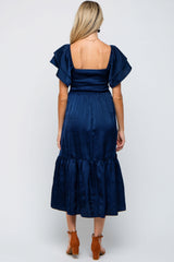 Navy Satin Flutter Sleeve Maternity Midi Dress