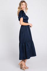 Navy Satin Flutter Sleeve Midi Dress