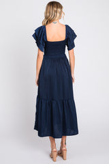 Navy Satin Flutter Sleeve Midi Dress