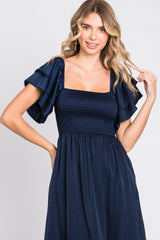 Navy Satin Flutter Sleeve Midi Dress