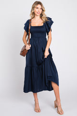 Navy Satin Flutter Sleeve Maternity Midi Dress