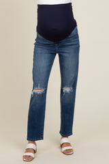 Blue Distressed Knee Straight Leg Maternity Jeans