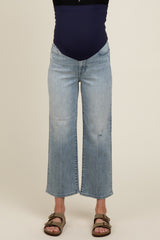 Light Blue Distressed Maternity Wide Leg Ankle Crop Jeans