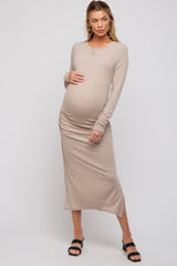 Beige Ruched Long Sleeve Maternity Midi Dress