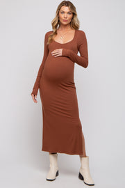 Brown Ribbed Side Slit Maternity Midi Dress