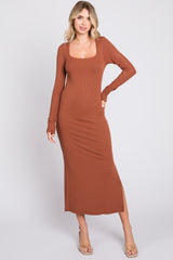 Brown Ribbed Side Slit Midi Dress