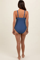 Blue Scalloped Cutout Ruched Maternity One Piece Swimsuit