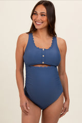 Blue Scalloped Cutout Ruched Maternity One Piece Swimsuit