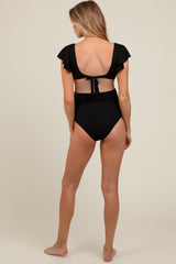 Black Ribbed Ruffle Shoulder Front Tie High Waist Two-Piece Maternity Swimsuit