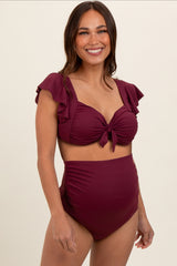 Burgundy Ribbed Ruffle Shoulder Front Tie High Waist Two-Piece Maternity Swimsuit