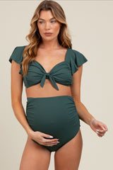 Olive Ribbed Ruffle Shoulder Front Tie High Waist Two-Piece Maternity Swimsuit