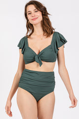 Olive Ribbed Ruffle Shoulder Front Tie High Waist Two-Piece Swimsuit