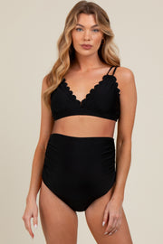 Black Scalloped V-Neck High Waist Two-Piece Maternity Swimsuit