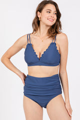 Blue Scalloped V-Neck High Waist Two-Piece Maternity Swimsuit