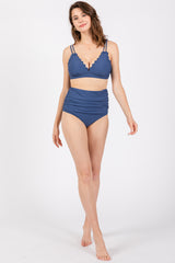 Blue Scalloped V-Neck High Waist Two-Piece Swimsuit